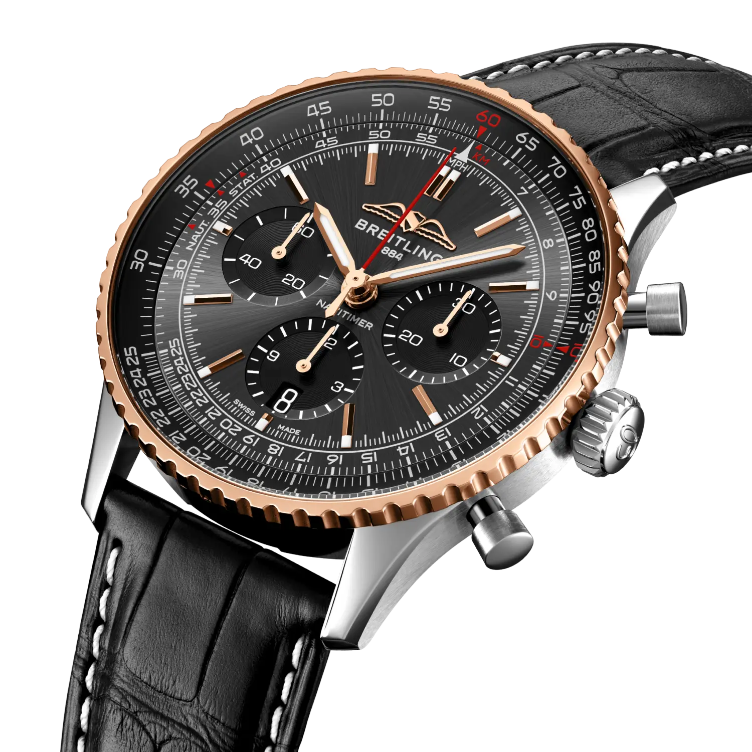 BREITLING ブラックレザーベルト 22-18mm ナビタイマー B01 Breitling Navitimer B01 Chronograph 43 Stainless Steel Watch